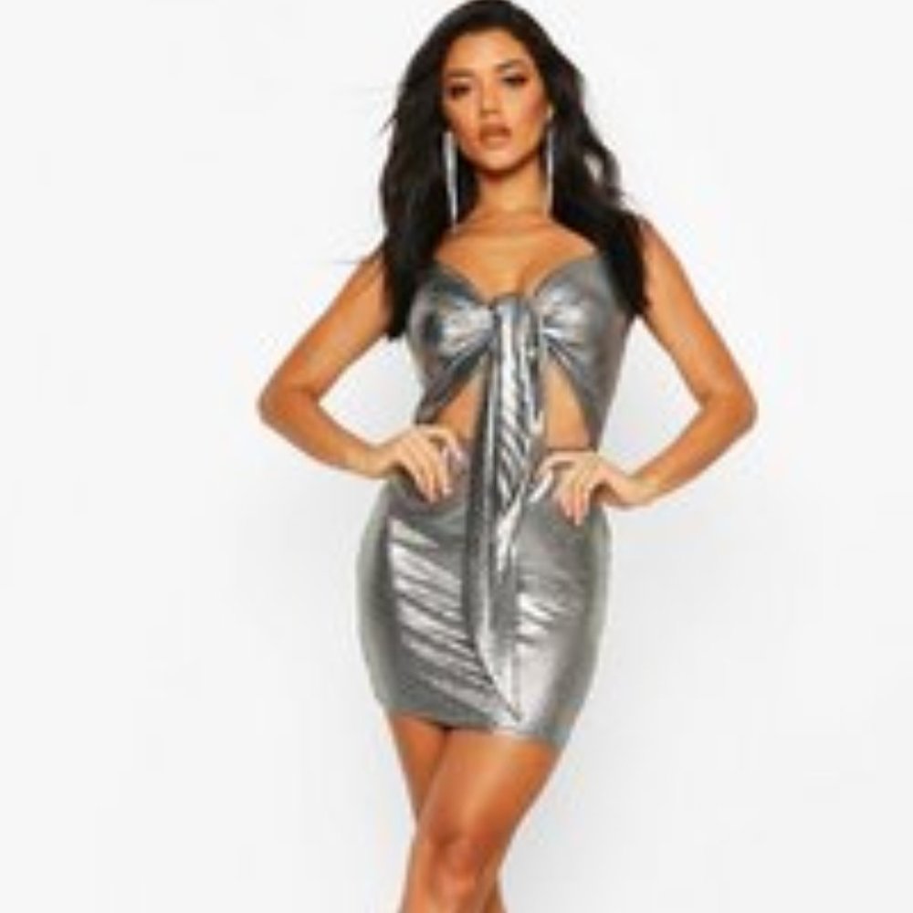 NWT Metallic Plunge Tie Front Mini Dress